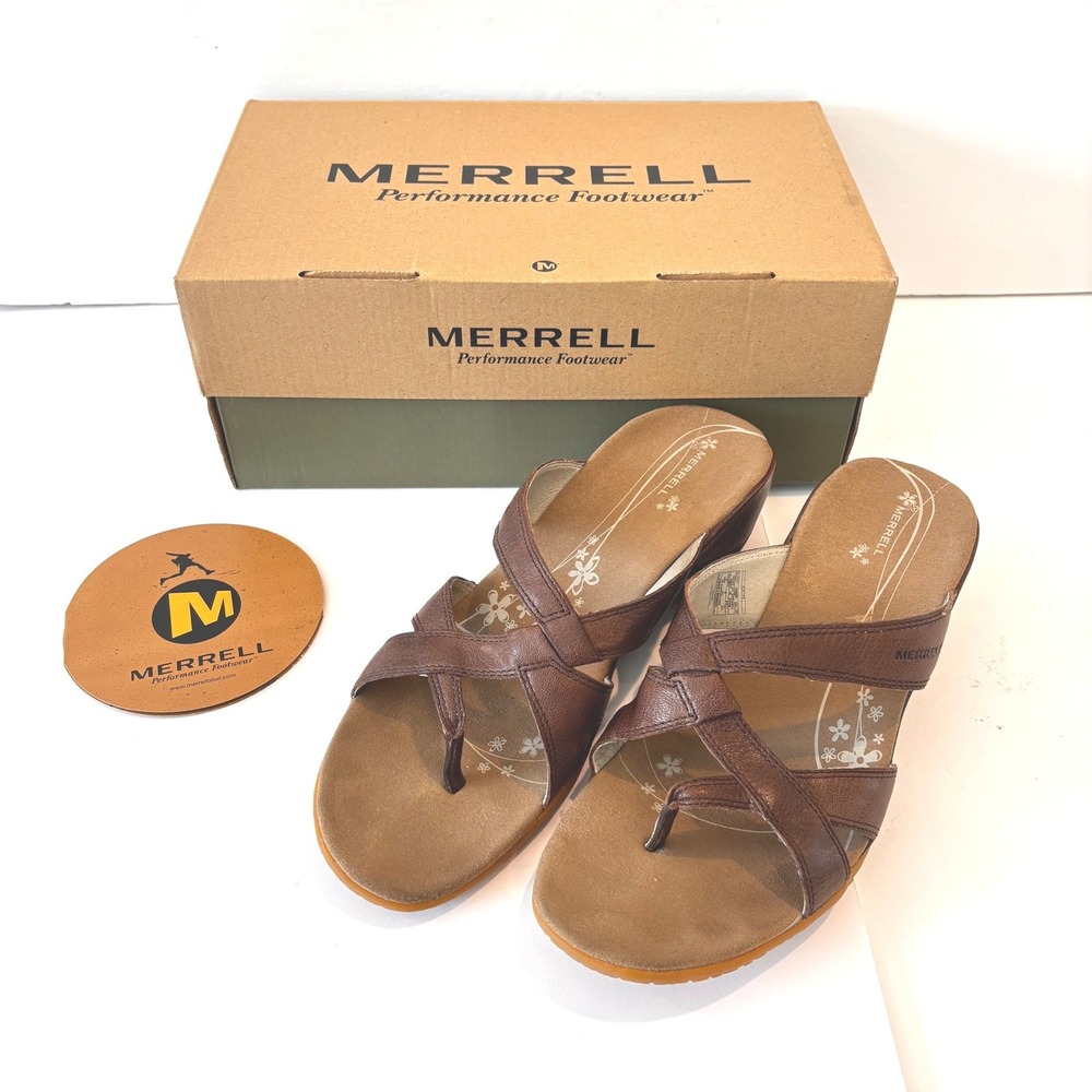 Merrell Alyssum Earth Brown Leather Wedge Thong Sandals Womens Size 10 Comfort